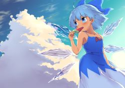 Rule 34 | 1girl, ahoge, arm at side, armpits, backlighting, bare arms, bare shoulders, blue dress, blue eyes, blue hair, blue sky, bow, cirno, cloud, collarbone, cowboy shot, day, dress, dutch angle, eating, floating hair, food, fruit, hair bow, hand up, hip focus, ice, ice wings, long dress, looking afar, medium hair, outdoors, popsicle, sky, solo, spaghetti strap, sun, tan, tanasuke, touhou, watermelon, watermelon bar, wind, wings