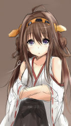 Rule 34 | 10s, 1girl, :o, ahoge, bare shoulders, brown hair, crossed arms, detached sleeves, double bun, hair ornament, hairband, headgear, highres, japanese clothes, kantai collection, kongou (kancolle), long hair, looking at viewer, nontraditional miko, purple eyes, saku (kudrove), sketch, skirt, solo, wide sleeves