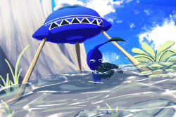 Rule 34 | black eyes, blue pikmin, blue skirt, blue sky, cloud, commentary request, creature, day, grass, highres, holding, holding creature, leaf, lily pad, looking down, nintendo, no humans, onion (pikmin), outdoors, partially submerged, pikmin (creature), pikmin (series), skirt, sky, solo, tadpole, tree, twitter username, usuba (hatomugip), wolpole