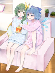 Rule 34 | 2girls, absurdres, alternate costume, barefoot, blue bow, blue eyes, blue hair, blue pajamas, blush, bow, casual, cirno, commentary request, commission, couch, daiyousei, drooling, fairy wings, food, full body, green eyes, green hair, hair bow, happy, heart, heart-shaped pupils, highres, ice, ice wings, indoors, knee up, long hair, loungewear, multiple girls, on couch, open mouth, pajamas, pink pajamas, popcorn, second-party source, short hair, side-by-side, side ponytail, sitting, skeb commission, sleeves past wrists, smile, symbol-shaped pupils, toes, touhou, wings, yellow bow, yurara (aroma42enola)