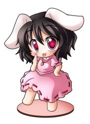 Rule 34 | 1girl, animal ears, bad id, bad pixiv id, black hair, carrot, carrot necklace, chibi, dress, faux figurine, female focus, inaba tewi, jewelry, necklace, pendant, pink dress, rabbit ears, red eyes, shinjitsu, short hair, simple background, solo, tongue, tongue out, touhou, white background