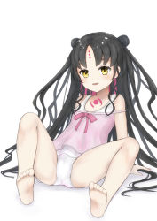 Rule 34 | 1girl, arm support, arms behind back, ass, barefoot, black hair, brown eyes, camisole, casual one-piece swimsuit, commentary request, double bun, facial mark, fate/grand order, fate (series), feet, forehead mark, hair bun, highres, knees up, leaning back, legs, long hair, looking at viewer, matsu hikari, no pants, one-piece swimsuit, open mouth, pink camisole, sessyoin kiara, sessyoin kiara (lily), simple background, sitting, smile, soles, solo, spread legs, swimsuit, swimsuit under clothes, thighs, toes, very long hair, white background, white one-piece swimsuit
