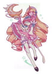 Rule 34 | 1girl, absurdres, apron, black footwear, blonde hair, blush, breasts, cafe cuties soraka, colored skin, croissant, dress, drill hair, food, frilled dress, frills, full body, grey background, grey thighhighs, highres, holding, holding staff, horns, large breasts, league of legends, long hair, maid headdress, parted lips, pink dress, pink hair, pink skin, pointy ears, red eyes, ruan chen yue, shoes, single horn, soraka (league of legends), staff, thighhighs, twin drills, twintails