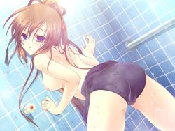 Rule 34 | 1girl, against wall, bath, bathroom, breasts, brown hair, censored, clothes pull, clothing aside, game cg, irie mitsuki, long hair, medium breasts, mosaic censoring, nipples, one-piece swimsuit, one-piece swimsuit pull, ponytail, purple eyes, satou satoru, showering, solo, swimsuit, swimsuit aside, topless, tsukushite ageru no ni!, wet