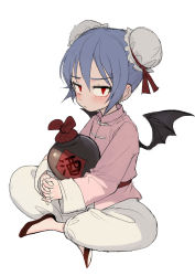 Rule 34 | 1girl, alternate costume, baggy pants, bat wings, blue hair, bun cover, chinese clothes, double bun, fkey, holding, jar, long sleeves, looking at viewer, hugging object, pants, red eyes, remilia scarlet, short hair, simple background, sitting, sketch, solo, touhou, white background, wings