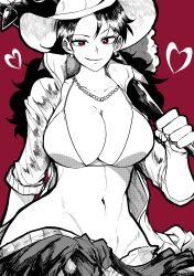 Rule 34 | 1girl, absurdres, alvida (one piece), bikini, bikini top only, breasts, cleavage, closed mouth, club, club (weapon), commentary, cowboy hat, cowboy shot, curvy, earrings, greyscale with colored background, groin, hat, heart, highres, holding, holding weapon, jewelry, large breasts, long hair, looking at viewer, navel, necklace, one piece, open clothes, open shirt, over shoulder, pearl necklace, red background, red eyes, simple background, smirk, solo, spiked club, spot color, stomach, swimsuit, weapon, weapon over shoulder, yotsumi shiro