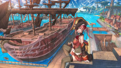 Rule 34 | 1girl, beach, boat, breasts, cup, epaulettes, eyepatch, from side, harbor, hat, highres, holding, holding cup, hololive, houshou marine, houshou marine (1st costume), jacket, large breasts, long hair, looking at viewer, mast, miniskirt, nagi itsuki, ocean, off shoulder, open mouth, pirate hat, pirate ship, red eyes, red hair, rope, scenery, ship, ship of the line, sitting, skirt, smile, solo, thighhighs, twintails, virtual youtuber, walkway, warship, watercraft, wide shot, wooden floor, zettai ryouiki