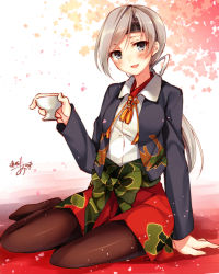 Rule 34 | 10s, 1girl, blue eyes, brown hair, cherry blossoms, chitose (kancolle), headband, japanese clothes, kantai collection, long hair, looking at viewer, multiple girls, one-hour drawing challenge, pantyhose, personification, ponytail, short hair, signature, silver hair, sitting, solo, toosaka asagi