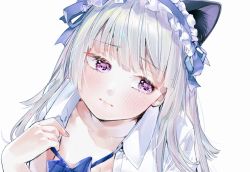 Rule 34 | 1girl, animal ear fluff, animal ears, blue bow, blue bowtie, blush, bow, bowtie, cat ears, closed mouth, collared shirt, copyright request, fingernails, geshumaro, hair ribbon, hairband, head tilt, highres, looking to the side, nail polish, portrait, purple eyes, purple ribbon, ribbon, shirt, sideways glance, simple background, solo, white background, white hair, white shirt, wing collar