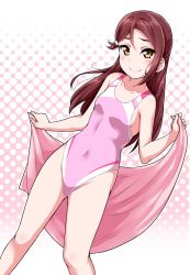 Rule 34 | 1girl, blush, breasts, collarbone, commentary request, competition swimsuit, covered navel, hair ornament, hairclip, half updo, halftone, halftone background, holding, holding towel, long hair, looking at viewer, love live!, love live! school idol festival, love live! sunshine!!, one-piece swimsuit, outline, pink background, pink one-piece swimsuit, red hair, sakurauchi riko, small breasts, smile, solo, swimsuit, towel, white outline, yellow eyes, yopparai oni