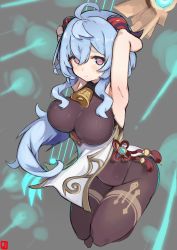 Rule 34 | 1girl, absurdres, ahoge, armpits, arms up, arrow (projectile), bell, black leotard, blue hair, blush, bodystocking, bodysuit, bow (weapon), breasts, brown pantyhose, chinese knot, clothes lift, flower knot, ganyu (genshin impact), genshin impact, groin, highres, holding, holding bow (weapon), holding weapon, horns, johnny (braun-kan cafe), large breasts, leotard, light smile, long hair, looking at viewer, neck bell, pantyhose, pelvic curtain, pelvic curtain lift, purple eyes, red rope, rope, sidelocks, skyward harp (genshin impact), solo, tassel, thighlet, thighs, vision (genshin impact), weapon, wind, wind lift