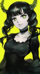 Rule 34 | 1girl, absurdres, black dress, black hair, black rock shooter, breasts, choker, colored skin, dead master, dress, female focus, green background, green eyes, highres, horns, ibuo (ibukht1015), medium breasts, pale skin, simple background, smile, solo, unusual pupils, white skin, yellow background