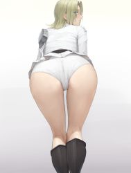 Rule 34 | 1girl, absurdres, ano (gccx8784), ass, bad id, bad pixiv id, black footwear, blonde hair, boots, commentary request, commission, eyes visible through hair, from behind, gradient background, highres, knee boots, leaning forward, looking at viewer, medium hair, miniskirt, original, paid reward available, panties, pixiv commission, shirt, simple background, skirt, solo, standing, underwear, white background, white panties, white shirt, white skirt