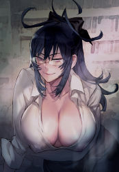 Rule 34 | 1girl, antenna hair, black hair, blouse, bow, breasts, cleavage, closed mouth, collarbone, collared shirt, commentary request, covered erect nipples, dress shirt, glasses, hair between eyes, hair bow, hamutz meseta, highres, large breasts, leaning forward, long hair, looking at viewer, maeshima shigeki, open clothes, open shirt, purple eyes, shirt, sidelocks, sleeves rolled up, smile, solo, tatakau shisho, unbuttoned, white shirt