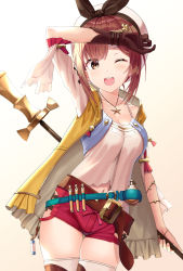 Rule 34 | 1girl, atelier (series), atelier ryza, atelier ryza 1, belt, blush, breasts, brown eyes, brown hair, cleavage, commentary request, gloves, hair ornament, hairclip, hand up, hat, highres, jewelry, necklace, one eye closed, open mouth, red shorts, reisalin stout, sanpeita, short shorts, shorts, single glove, smile, solo, staff, standing, star (symbol), thighhighs, thighs, white thighhighs