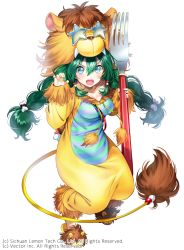 Rule 34 | 1girl, animal hood, animal slippers, aqua eyes, blush, breasts, company name, fangs, fork, green hair, hood, lion hood, lion slippers, long hair, noatopia, official art, open mouth, oversized object, simple background, slippers, solo, star-shaped eyewear, star-shapped glasses, star (symbol), twintails, white background, yanyo (ogino atsuki)