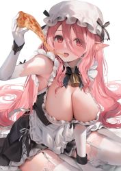 Rule 34 | 1girl, armpits, banned artist, bell, breasts, cleavage, commentary request, eating, elbow gloves, food, garter straps, gloves, hair between eyes, hat, highres, holding, holding food, holding pizza, large breasts, long hair, looking at viewer, maid, mob cap, neck bell, open mouth, original, parsley-f, pink hair, pizza, pizza slice, pointy ears, red eyes, sitting, solo, thighhighs, tongue, tongue out, white gloves, white hat, white thighhighs