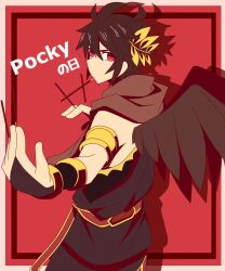 Rule 34 | 1boy, angel, angel wings, armband, armlet, black hair, black wings, dark pit, feathered wings, food in mouth, highres, kid icarus, kid icarus uprising, laurel crown, looking at viewer, male focus, nintendo, pocky, pocky day, pocky in mouth, red background, red eyes, rushia (retreat), solo, wings