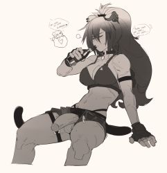 Rule 34 | 2girls, animal ears, arknights, arm strap, arm support, bare shoulders, belt, bikini, bikini top only, bottle, cat ears, cat tail, ceylon (arknights), chibi, chibi inset, choker, closed eyes, collarbone, commentary, cowboy shot, cutoffs, drinking, earrings, english commentary, erection, fingerless gloves, futanari, gloves, greyscale, hair between eyes, heart, highres, holding, holding bottle, jewelry, knifedragon, long hair, midriff, monochrome, multiple girls, navel, open belt, open fly, penis, penis out, penis piercing, piercing, ponytail, prince albert, scar, scar on arm, scar on stomach, schwarz (arknights), short shorts, shorts, sitting, solo focus, speech bubble, spoken heart, sweatdrop, swimsuit, tail, testicles, thigh strap, toned, twitching penis, uncensored, veins, veiny penis