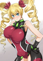 Rule 34 | &gt;:(, 10s, 1girl, armpits, bare shoulders, black gloves, blonde hair, blue eyes, blush, bracelet, breasts, claire harvey, closed mouth, cowboy shot, drill hair, earrings, frown, gloves, hair between eyes, hair ornament, hands on own hips, hundred (light novel), impossible clothes, jewelry, large breasts, leotard, long hair, looking at viewer, namakemono (u446644k), sleeveless, solo, taut clothes, twin drills, unaligned breasts, v-shaped eyebrows