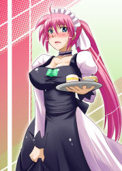 Rule 34 | 00s, blue eyes, blush, breasts, cake, cleavage, cup, food, hairband, huge breasts, long hair, lyrical nanoha, mahou shoujo lyrical nanoha, mahou shoujo lyrical nanoha a&#039;s, maid, mug, pastry, pink hair, ponytail, signum, solo, tray, zerosu (take out)