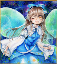 Rule 34 | 1girl, blue dress, bow, brown eyes, brown hair, dress, fairy wings, framed, hair bow, highres, juliet sleeves, long hair, long sleeves, looking at viewer, mosho, one eye closed, open mouth, painting (medium), puffy sleeves, shikishi, shirt, smile, solo, star (symbol), star sapphire, touhou, traditional media, very long hair, watercolor (medium), wide sleeves, wings, wink