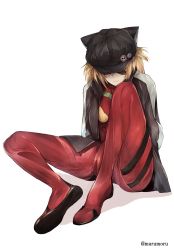 Rule 34 | 1girl, animal ears, animal hat, black hat, black jacket, blonde hair, bodysuit, bodysuit under clothes, cat ears, cat hat, closed mouth, commentary request, covered eyes, facing viewer, fake animal ears, full body, hair between eyes, hat, highres, jacket, long hair, marumoru, neon genesis evangelion, open clothes, open jacket, plugsuit, popped collar, red bodysuit, shaded face, shadow, simple background, sitting, solo, souryuu asuka langley, spread legs, thighs, twitter username, two side up, white background