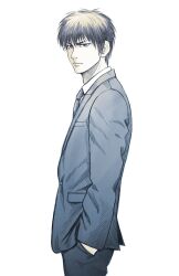 Rule 34 | 1boy, closed mouth, collared shirt, formal, from side, hand in pocket, highres, jacket, jchoy, looking at viewer, looking to the side, male focus, monochrome, necktie, pants, rukawa kaede, shirt, simple background, slam dunk (series), solo, suit, thick eyebrows, v-shaped eyebrows, white background