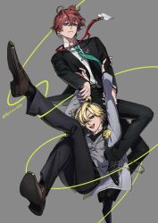 Rule 34 | 2boys, arms up, black footwear, black pants, black shirt, black suit, blonde hair, brown hair, closed mouth, collared shirt, flower, foot up, formal, full body, grabbing another&#039;s arm, green eyes, green necktie, grey background, grey jacket, grey vest, head tilt, hypnosis mic, izanami hifumi, jacket, jewelry, kannonzaka doppo, knees up, leaning back, light frown, looking at viewer, looking down, male focus, mojisan (ebimo), multiple boys, necktie, pants, parted bangs, ring, rose, shirt, short hair, signature, sitting, smile, striped clothes, suit, teeth, upper teeth only, vest, wavy hair, white shirt, yellow eyes, yellow flower, yellow rose