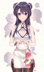 Rule 34 | 1girl, bare arms, bare shoulders, black hair, blush, breasts, brown thighhighs, china dress, chinese clothes, cleavage, cleavage cutout, closed mouth, clothing cutout, commentary request, cowboy shot, double bun, dress, fingers together, floral background, floral print, flower, hair between eyes, hair bun, hair flower, hair ornament, highres, hu kotora, large breasts, long hair, looking at viewer, nail polish, original, pelvic curtain, pink flower, print dress, purple eyes, red nails, rose, short dress, signature, sleeveless, sleeveless dress, solo, standing, thighhighs, white dress