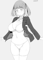 Rule 34 | 1girl, arms at sides, bikini, bikini under clothes, blush, breasts, cleavage, grey background, greyscale, jacket, kichihachi, large breasts, legs together, long sleeves, monochrome, navel, neck ribbon, nose blush, open clothes, open jacket, original, ribbon, short hair, simple background, solo, standing, stomach, swimsuit, the white wizard, thighhighs, twitter username, two side up, unbuttoned