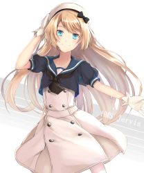 Rule 34 | 1girl, aidesa, bad id, bad pixiv id, blonde hair, blue eyes, blue sailor collar, buttons, character name, dress, gloves, hat, highres, jervis (kancolle), kantai collection, long hair, sailor collar, sailor dress, short sleeves, smile, solo, white gloves, white hat