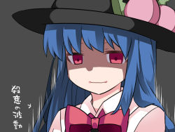 Rule 34 | 1girl, arrow (symbol), black background, black hat, blue hair, breasts, collared shirt, commentary, dark, empty eyes, false smile, flat chest, food, fruit, hair between eyes, hair over shoulder, hammer (sunset beach), hat, hinanawi tenshi, long hair, looking at viewer, looking down, motion lines, neck ribbon, peach, red eyes, red ribbon, ribbon, shaded face, shirt, smile, solo, touhou, translated, upper body, wavy mouth, white shirt