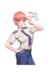 Rule 34 | 1girl, belt, blue eyes, blue pants, breast pocket, cuffs, dated, go-toubun no hanayome, hand on own hip, handcuffs, index finger raised, looking at viewer, nakano ichika, pants, pink hair, piyo (pixiv 2308057), pocket, shirt, shirt tucked in, short hair, short sleeves, signature, simple background, smile, solo, white background, white shirt