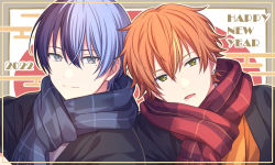 Rule 34 | 2boys, aoyagi touya, black jacket, blue hair, blue scarf, closed mouth, earrings, green eyes, grey eyes, highres, jacket, jewelry, looking at viewer, male focus, mole, mole under eye, multicolored hair, multiple boys, orange hair, parted lips, project sekai, red scarf, scarf, sekina, shinonome akito, smile, two-tone hair, upper body