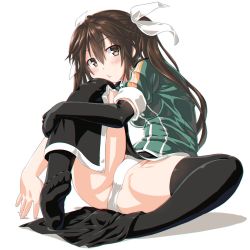 Rule 34 | 1girl, :t, black gloves, black thighhighs, blush, breasts, brown eyes, brown hair, closed mouth, dd (ijigendd), elbow gloves, feet, gloves, hair ribbon, highres, kantai collection, long hair, medium breasts, no shoes, pelvic curtain, ribbon, simple background, single elbow glove, single glove, sitting, solo, thighhighs, tone (kancolle), tone kai ni (kancolle), twintails, underwear, white background, white ribbon