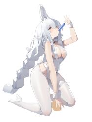 Rule 34 | 1girl, absurdres, alternate breast size, animal ears, azur lane, blue eyes, braid, breasts, commentary, cross-shaped pupils, fake animal ears, fake tail, food, grey hair, high heels, highres, large breasts, le malin (azur lane), le malin (listless lapin) (azur lane), leaning forward, leotard, long hair, low twin braids, lump saury, nontraditional playboy bunny, pantyhose, popsicle, rabbit ears, rabbit tail, simple background, sketch, solo, symbol-shaped pupils, tail, thigh strap, twin braids, very long hair, white background, white footwear, white leotard, white pantyhose, wrist cuffs
