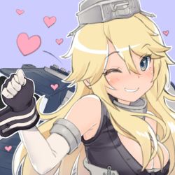 Rule 34 | 10s, 1girl, ;), anchor symbol, bad id, bad twitter id, bare shoulders, blonde hair, blue eyes, blush, breasts, cleavage, elbow gloves, eyebrows, fig sign, gloves, grin, hair between eyes, headgear, heart, iowa (kancolle), kantai collection, large breasts, long hair, mokyutan, one eye closed, outline, purple background, simple background, smile, solo, star (symbol), tsurime