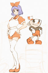 Rule 34 | black eyes, blue hair, blush, bow, cuphead, cuphead (game), drinking straw, gloves, hair bow, hands on own hips, highres, minoru69132859, omega ray, omega sisters, red bow, red shirt, shirt, short hair, short sleeves, smile, thighhighs, virtual youtuber, white gloves, white legwear, zettai ryouiki