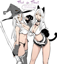 Rule 34 | 2girls, :d, animal ears, animal hands, bell, belt, black panties, breasts, broom, cat ears, cat paws, cat tail, character request, cleavage, collar, earrings, front-tie top, halloween, hat, jack-o&#039;-lantern, jewelry, large breasts, long hair, looking at viewer, microskirt, midriff, multiple girls, neck bell, necklace, open mouth, orange eyes, panties, shirt, side-tie panties, simple background, skirt, smile, star (symbol), star earrings, tail, thighhighs, tied shirt, translation request, trick or treat, underwear, velzhe, white background, white hair, witch hat