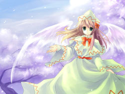 Rule 34 | 1girl, angel wings, aqua eyes, asahina, bad id, blonde hair, bow, bowtie, capelet, cherry blossoms, cloud, day, dress, female focus, green eyes, hair bow, hat, highres, layered sleeves, lily white, long hair, long sleeves, looking at viewer, medium hair, outdoors, red bow, red bowtie, sash, solo, touhou, tree, white dress, white hat, wide sleeves, wings