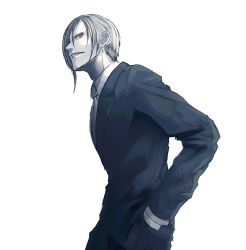 Rule 34 | 1boy, black suit, commentary request, formal, grey eyes, grey hair, greyscale, hands in pockets, k-suwabe, looking at viewer, male focus, monochrome, muted color, original, profile, shirt, short hair, simple background, sketch, sneer, solo, suit, white background, white shirt