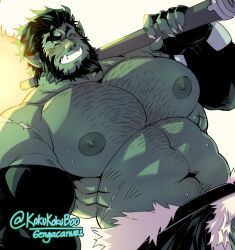 Rule 34 | 1boy, abs, bara, beard, belly, blush, colored skin, dungeons &amp; dragons, dutch angle, earrings, facial hair, garza (kokukokuboo), glowing, glowing weapon, green skin, highres, huge pectorals, jewelry, kokukokuboo, large areolae, male focus, mature male, monster boy, muscular, muscular male, navel, navel hair, nipples, orc, original, over shoulder, pointy ears, scar, short hair, solo, stomach, strongman waist, sweat, thick eyebrows, topless male, tusks, weapon, weapon over shoulder