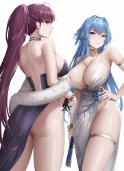 Rule 34 | 2girls, absurdres, ahoge, armlet, ass, bare shoulders, blue eyes, blue hair, bracelet, breasts, cleavage, collar, commentary, dolla (dark rose) (nikke), dolla (nikke), dress, earrings, feather boa, folded fan, folding fan, from behind, globes, goddess of victory: nikke, hair ornament, hand fan, hand on own hip, helm (chandelier) (nikke), helm (nikke), highres, interlocked fingers, jewelry, kurone rinka, large breasts, lips, long hair, looking at viewer, looking back, multiple girls, no panties, parted lips, ponytail, purple dress, purple eyes, purple hair, revealing clothes, shiny skin, side slit, simple background, sleeveless, strapless, thigh strap, thighs, white background, white dress
