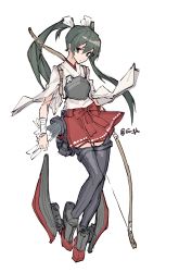 Rule 34 | 1girl, air qh, arrow (projectile), artist name, bad id, bad twitter id, black eyes, black thighhighs, boots, bow, bow (weapon), closed mouth, full body, green hair, hair between eyes, hair tie, hakama, hakama short skirt, hakama skirt, highres, holding, holding bow (weapon), holding weapon, japanese clothes, kantai collection, long hair, one-hour drawing challenge, quiver, simple background, skirt, solo, thigh boots, thighhighs, twintails, weapon, white background, wide sleeves, zettai ryouiki, zuikaku (kancolle)