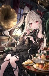 Rule 34 | 1girl, bare shoulders, black bow, black dress, blush, bow, cake, cake slice, cross, cup, dessert, dress, food, food on face, frilled dress, frills, gothic lolita, hair ornament, hat, highres, holding, indoors, kakao rantan, lolita fashion, long hair, looking at viewer, mini hat, original, plate, red eyes, side ponytail, sitting, smile, solo, strawberry shortcake, table, tea, teacup