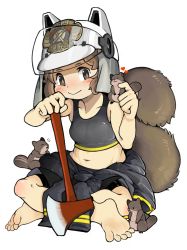 Rule 34 | 1girl, arknights, axe, barefoot, bike shorts, brown eyes, brown hair, cheek squash, chinese commentary, commentary request, feet, fire axe, helmet, indian style, menthako, midriff, navel, shaw (arknights), sitting, soles, sports bra, squirrel, squirrel tail, tail, white background