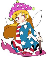 Rule 34 | 1girl, american flag dress, american flag legwear, blonde hair, blush stickers, clownpiece, cowboy shot, dress, fairy, fairy wings, fang, hat, highres, holding, holding torch, ini (inunabe00), jester cap, long hair, open mouth, pantyhose, pink eyes, pink hat, polka dot, polka dot headwear, simple background, smile, solo, star (symbol), star print, striped clothes, striped dress, striped pantyhose, torch, touhou, white background, wings