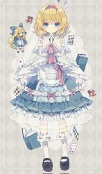 Rule 34 | 1girl, alice margatroid, argyle, argyle background, argyle clothes, black footwear, blonde hair, blue dress, blue eyes, blush, book, capelet, card, closed mouth, corrupted twitter file, doily, dress, frilled dress, frilled sleeves, frills, full body, hairband, highres, long sleeves, looking at viewer, mushroom, nikorashi-ka, red hairband, shanghai doll, shoes, short hair, socks, solo, straight-on, touhou, white capelet, white socks
