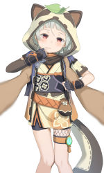 Rule 34 | 1girl, animal ears, animal hood, arm guards, aruma (sawayaka tokuko miruku), bike shorts, black gloves, black shorts, brown kimono, commentary request, fake animal ears, fake tail, feet out of frame, fingerless gloves, fishnets, genshin impact, gloves, grey hair, highres, hood, hood up, japanese clothes, kimono, knees together feet apart, leaf, leaf on head, looking at viewer, obi, parted lips, raccoon ears, raccoon tail, red eyes, sash, sayu (genshin impact), short shorts, short sleeves, shorts, simple background, solo, tail, white background